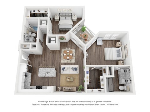 Floor plan for 2 beds, 2 baths, 1229 sqft